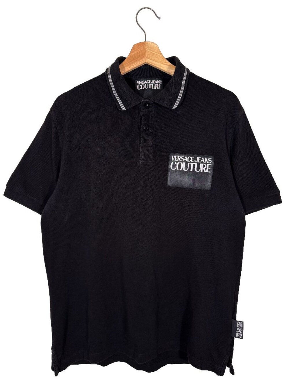 Versace Jeans Couture Patch Logo Short Sleeve Black Pique Polo Shirt mens size L